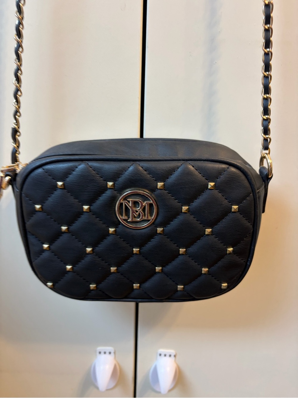 Badgley Mischka Black Quilted Crossbody with Gold Studs and Chain
